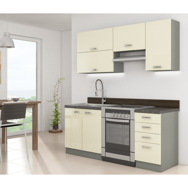 Kuchyňa do paneláku 180/180 cm SHAN 2 - šedá / lesklá krémová + LED, drez a pracovná doska ZDARMA