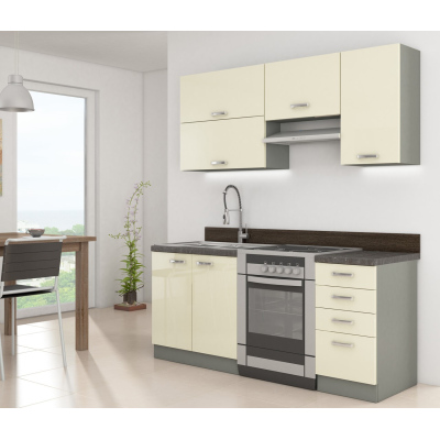 Kuchyňa do paneláku 180/180 cm SHAN 2 - šedá / lesklá krémová + LED a príborník ZDARMA