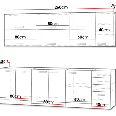 Kuchynská linka 260/260 cm GENJI 4 - lesklá biela / šedá + LED, pracovná doska, drez a príborník ZDARMA