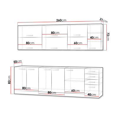 Kuchynská linka 260/260 cm GENJI 4 - lesklá biela / šedá + LED, pracovná doska, drez a príborník ZDARMA