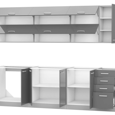 Kuchynská linka 260/260 cm GENJI 4 - lesklá biela / šedá + drez a príborník ZDARMA