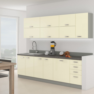 Kuchynská linka 260/260 cm SHAN 4 - šedá / lesklá krémová + LED, drez a pracovná doska ZDARMA