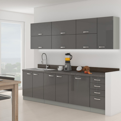 Kuchyňa 260/260 cm RONG 4 - šedá / lesklá šedá + LED, drez, príborník a pracovná doska ZDARMA