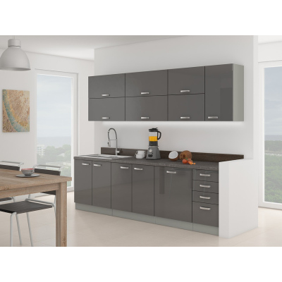 Kuchyňa 260/260 cm RONG 4 - šedá / lesklá šedá + LED, pracovná doska a príborník ZDARMA