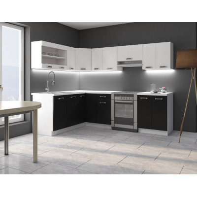 Moderná rohová kuchyňa 249/169 cm s LED osvetlením TAO 3 - čierna / biela