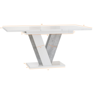 Rozkladací jedálenský stôl ANDREJ - biely lesk / betón