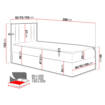 Americká jednolôžková posteľ 90x200 VITORIA MINI - červená ekokoža, ľavé prevedenie + topper ZDARMA