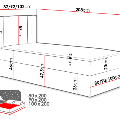 Americká jednolôžková posteľ 80x200 VITORIA MINI - červená ekokoža, ľavé prevedenie + topper ZDARMA