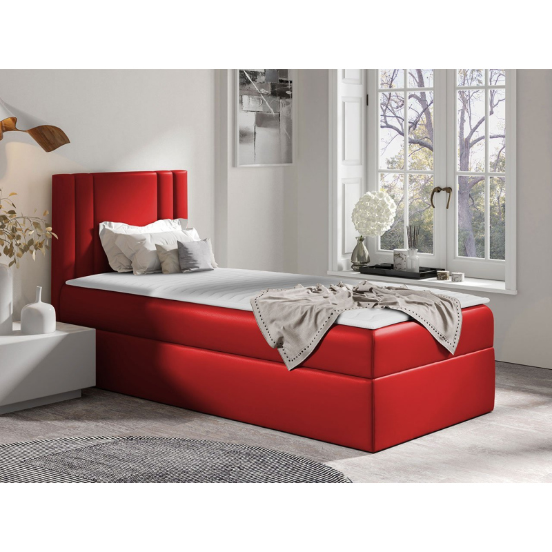 Americká jednolôžková posteľ 100x200 VITORIA MINI - červená ekokoža, ľavé prevedenie + topper ZDARMA