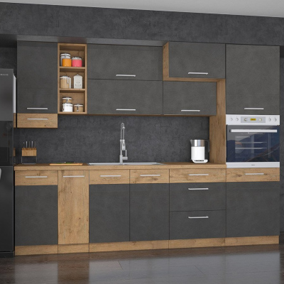 Kuchynská linka 270/270 cm ZHILAN 3 - dub lancelot / matera + LED, drez a pracovná doska ZDARMA