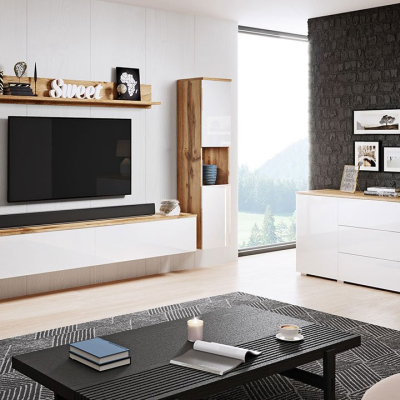 Nábytok do obývacej izby s LED osvetlením ROSARIO XL - dub wotan / lesklý biely
