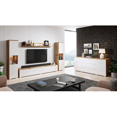 Nábytok do obývacej izby s LED osvetlením ROSARIO XL - dub wotan / lesklý biely