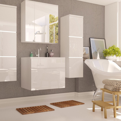 Nábytok do kúpeľne MERAF - biely / lesklý biely + LED, sifón a umývadlo ZDARMA