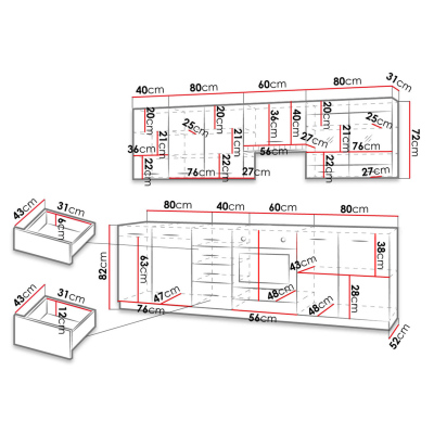 Kuchynská linka 260/260 cm JING - dub ferrara / legno + LED osvetlenie ZDARMA