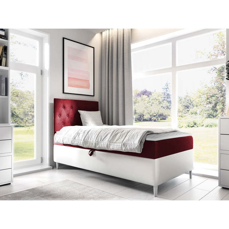 Boxspringová jednolôžková posteľ 100x200 PORFIRO 1 - biela ekokoža / červená, ľavé prevedenie + topper ZDARMA