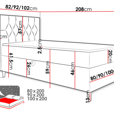 Boxspringová jednolôžková posteľ 100x200 PORFIRO 1 - biela ekokoža / červená, ľavé prevedenie + topper ZDARMA