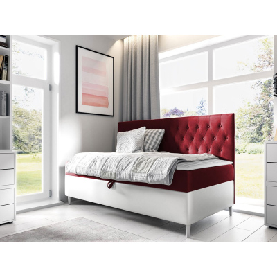 Boxspringová jednolôžková posteľ 90x200 PORFIRO 2 - biela ekokoža / červená + topper ZDARMA