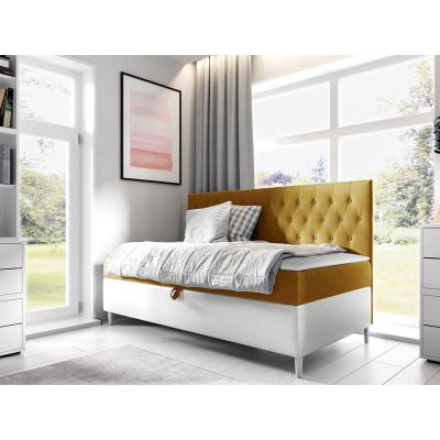 Boxspringová jednolôžková posteľ 90x200 PORFIRO 2 - biela ekokoža / žltá + topper ZDARMA