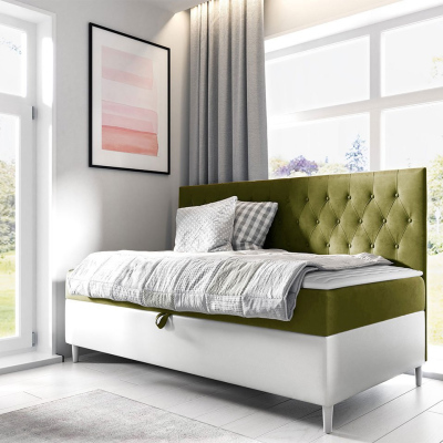Boxspringová jednolôžková posteľ 90x200 PORFIRO 2 - biela ekokoža / khaki + topper ZDARMA