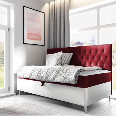 Boxspringová jednolôžková posteľ 80x200 PORFIRO 2 - biela ekokoža / červená + topper ZDARMA