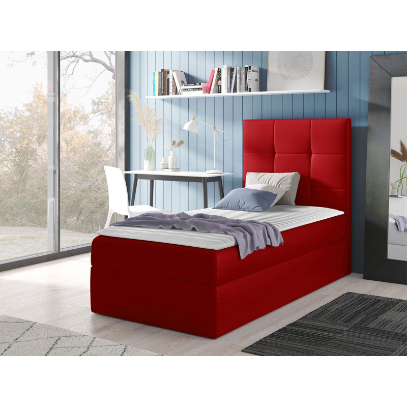 Hotelová jednolôžková posteľ 90x200 ROSALINDE - červená ekokoža, ľavé prevedenie + topper ZDARMA