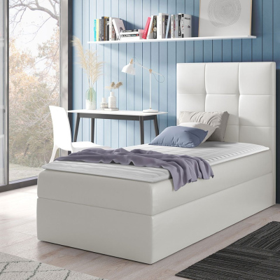 Hotelová jednolôžková posteľ 100x200 ROSALINDE - biela ekokoža, ľavé prevedenie + topper ZDARMA