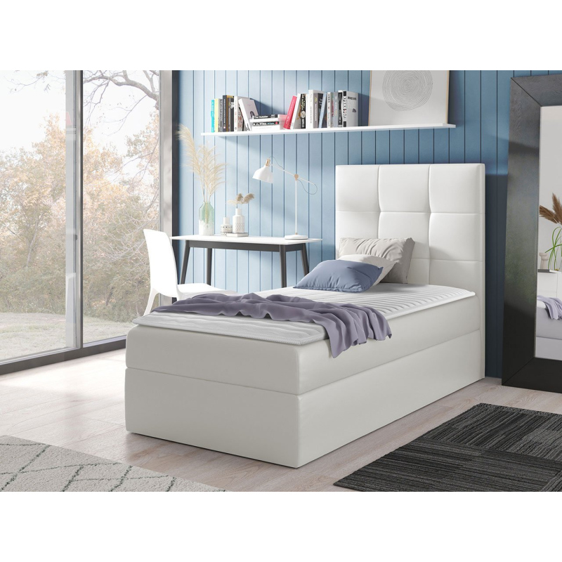 Hotelová jednolôžková posteľ 100x200 ROSALINDE - biela ekokoža, ľavé prevedenie + topper ZDARMA