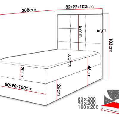 Hotelová jednolôžková posteľ 90x200 ROSALINDE - šedá ekokoža, ľavé prevedenie + topper ZDARMA