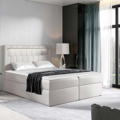 Americká dvojlôžková posteľ 140x200 RODRIGO - biela ekokoža + topper a LED osvetlenie ZDARMA