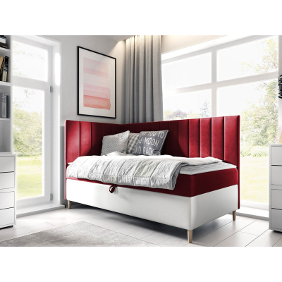 Boxspringová jednolôžková posteľ 90x200 ROCIO 3 - biela ekokoža / červená, ľavé prevedenie + topper ZDARMA