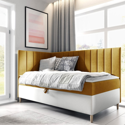 Boxspringová jednolôžková posteľ 90x200 ROCIO 3 - biela ekokoža / žltá, ľavé prevedenie + topper ZDARMA