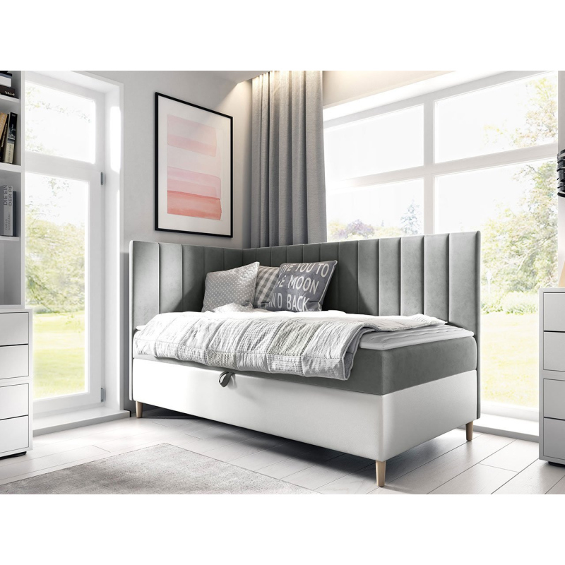 Boxspringová jednolôžková posteľ 90x200 ROCIO 3 - biela ekokoža / šedá, ľavé prevedenie + topper ZDARMA