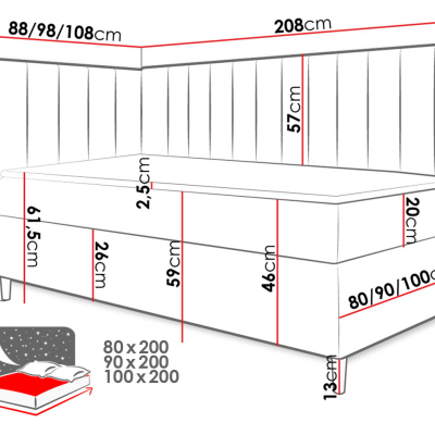 Boxspringová jednolôžková posteľ 90x200 ROCIO 3 - biela ekokoža / červená, ľavé prevedenie + topper ZDARMA