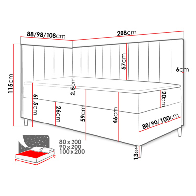 Boxspringová jednolôžková posteľ 90x200 ROCIO 3 - biela ekokoža / červená, ľavé prevedenie + topper ZDARMA
