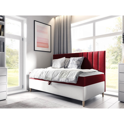 Kontinentálna jednolôžková posteľ 90x200 ROCIO 2 - biela ekokoža / červená + topper ZDARMA
