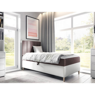 Hotelová jednolôžková posteľ 90x200 ROCIO 1 - biela ekokoža / hnedá 2, ľavé prevedenie + topper ZDARMA