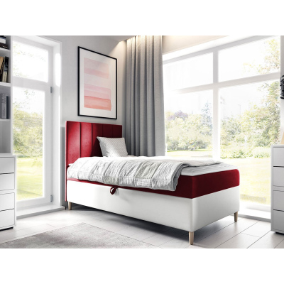 Hotelová jednolôžková posteľ 90x200 ROCIO 1 - biela ekokoža / červená, ľavé prevedenie + topper ZDARMA