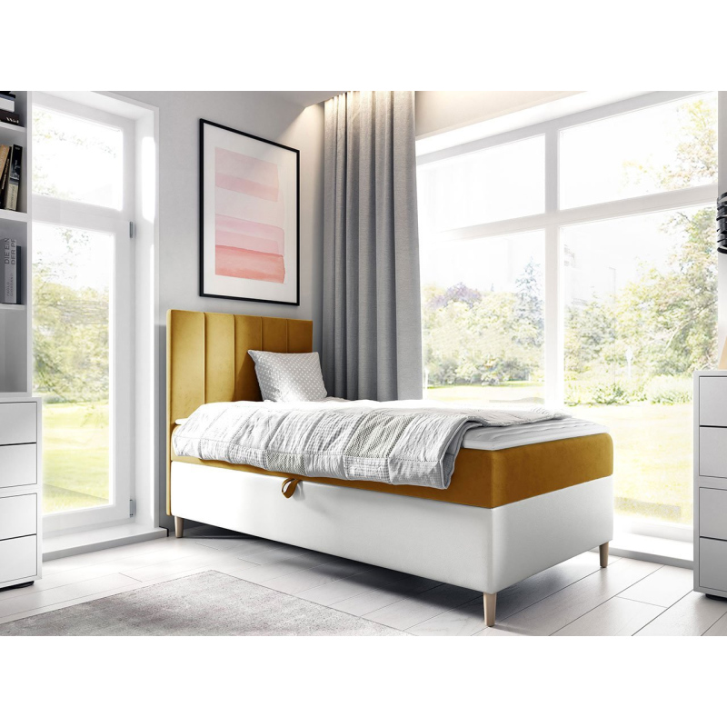 Hotelová jednolôžková posteľ 90x200 ROCIO 1 - biela ekokoža / žltá, ľavé prevedenie + topper ZDARMA