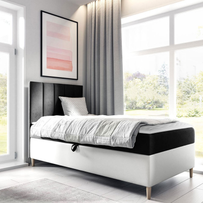 Hotelová jednolôžková posteľ 90x200 ROCIO 1 - biela ekokoža / čierna, ľavé prevedenie + topper ZDARMA