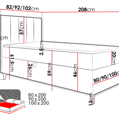 Hotelová jednolôžková posteľ 90x200 ROCIO 1 - biela ekokoža / červená, ľavé prevedenie + topper ZDARMA