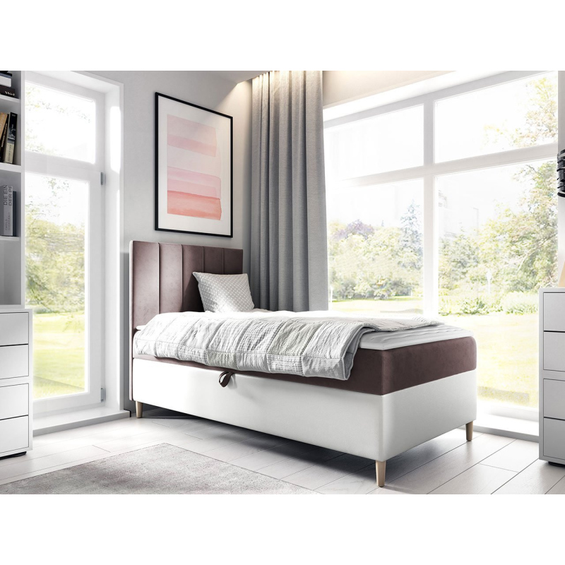 Hotelová jednolôžková posteľ 80x200 ROCIO 1 - biela ekokoža / hnedá 2, ľavé prevedenie + topper ZDARMA
