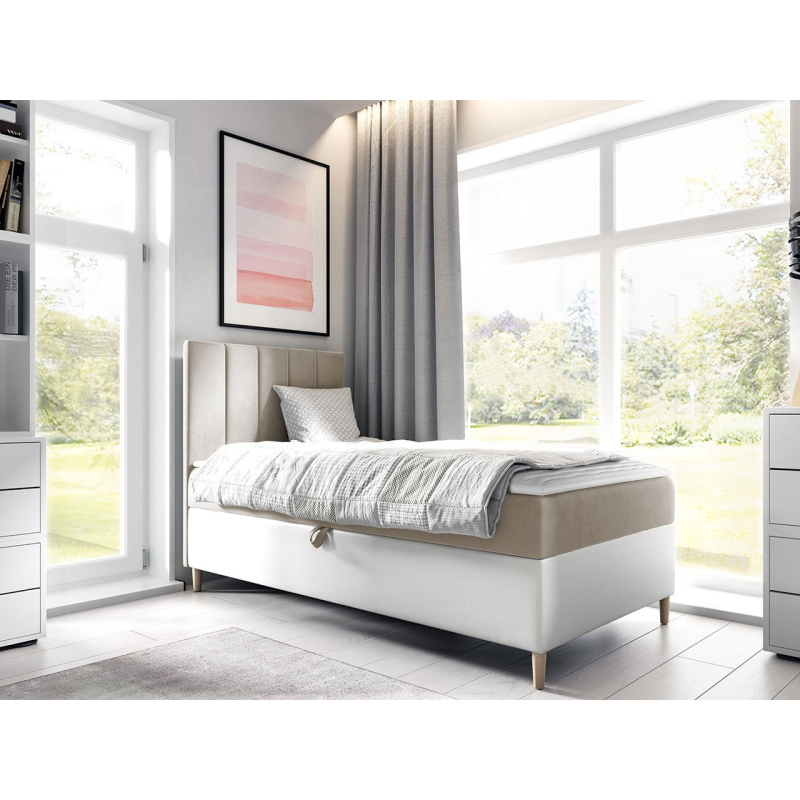 Hotelová jednolôžková posteľ 80x200 ROCIO 1 - biela ekokoža / béžová, ľavé prevedenie + topper ZDARMA