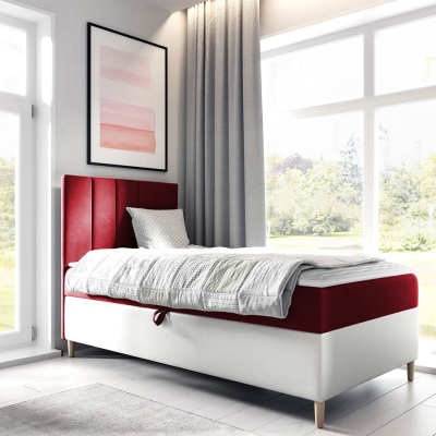 Hotelová jednolôžková posteľ 100x200 ROCIO 1 - biela ekokoža / červená, ľavé prevedenie + topper ZDARMA