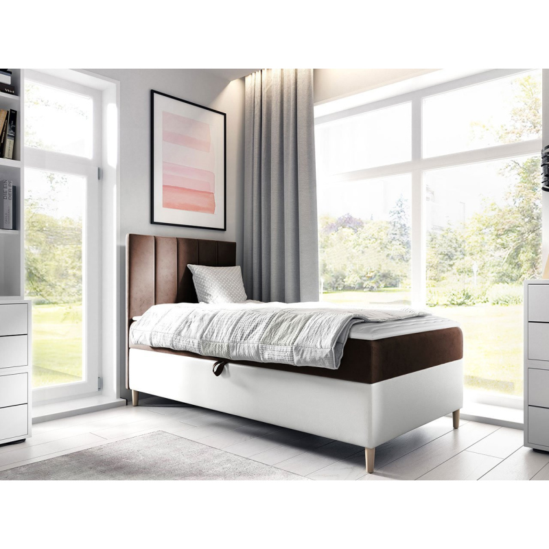 Hotelová jednolôžková posteľ 100x200 ROCIO 1 - biela ekokoža / hnedá 1, ľavé prevedenie + topper ZDARMA