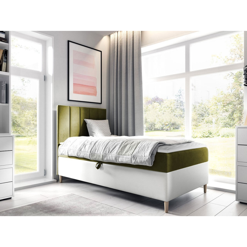 Hotelová jednolôžková posteľ 100x200 ROCIO 1 - biela ekokoža / khaki, ľavé prevedenie + topper ZDARMA