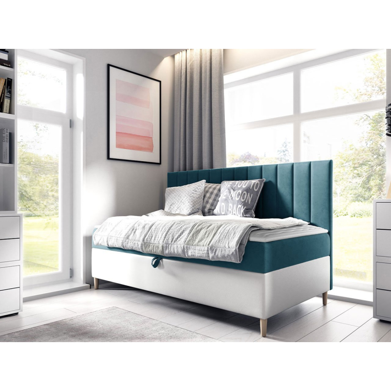 Kontinentálna jednolôžková posteľ 80x200 ROCIO 2 - biela ekokoža / modrá 2 + topper ZDARMA