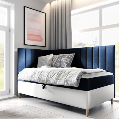 Boxspringová jednolôžková posteľ 80x200 ROCIO 3 - biela ekokoža / modrá 1, ľavé prevedenie + topper ZDARMA
