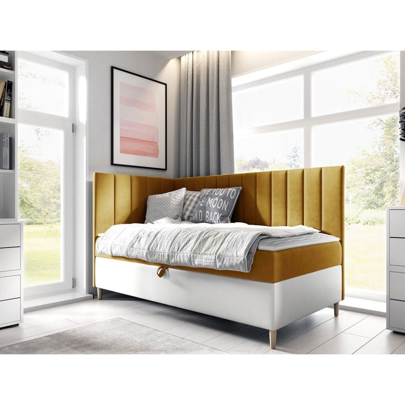 Boxspringová jednolôžková posteľ 100x200 ROCIO 3 - biela ekokoža / žltá, ľavé prevedenie + topper ZDARMA