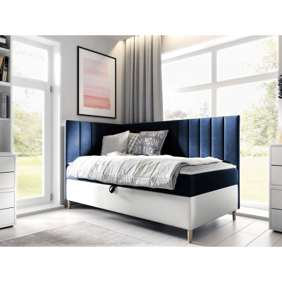 Boxspringová jednolôžková posteľ 100x200 ROCIO 3 - biela ekokoža / modrá 1, ľavé prevedenie + topper ZDARMA