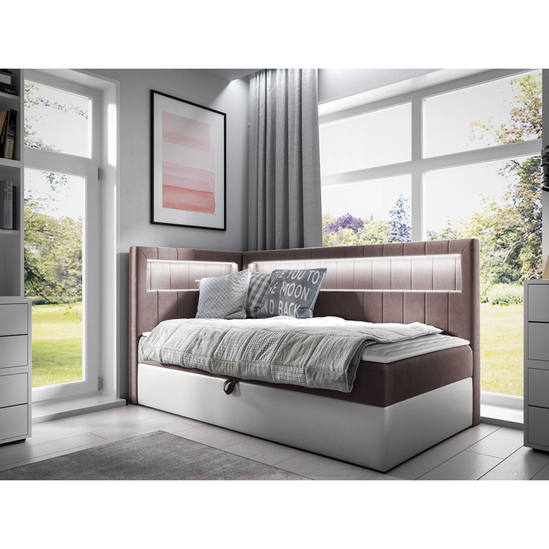 Kontinentálna jednolôžková posteľ 90x200 RAMIRA 3 - biela ekokoža / hnedá 2, ľavé prevedenie + topper ZDARMA